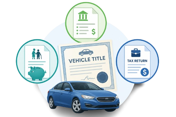 Illustration of a car title with a vehicle and alternative income documents, including bank, retirement and tax records.