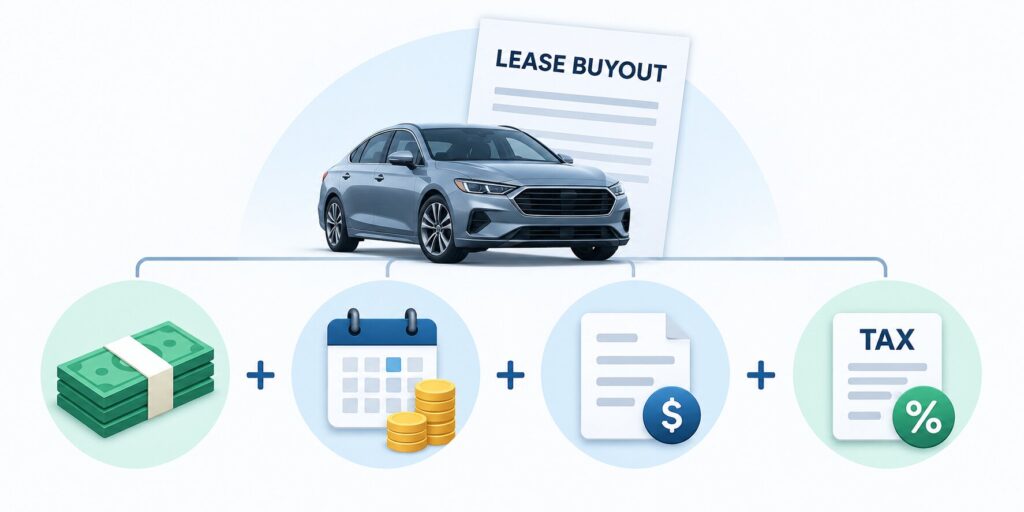 Illustration showing the four main lease buyout costs: residual value, remaining payments, contractual fees, and sales tax.