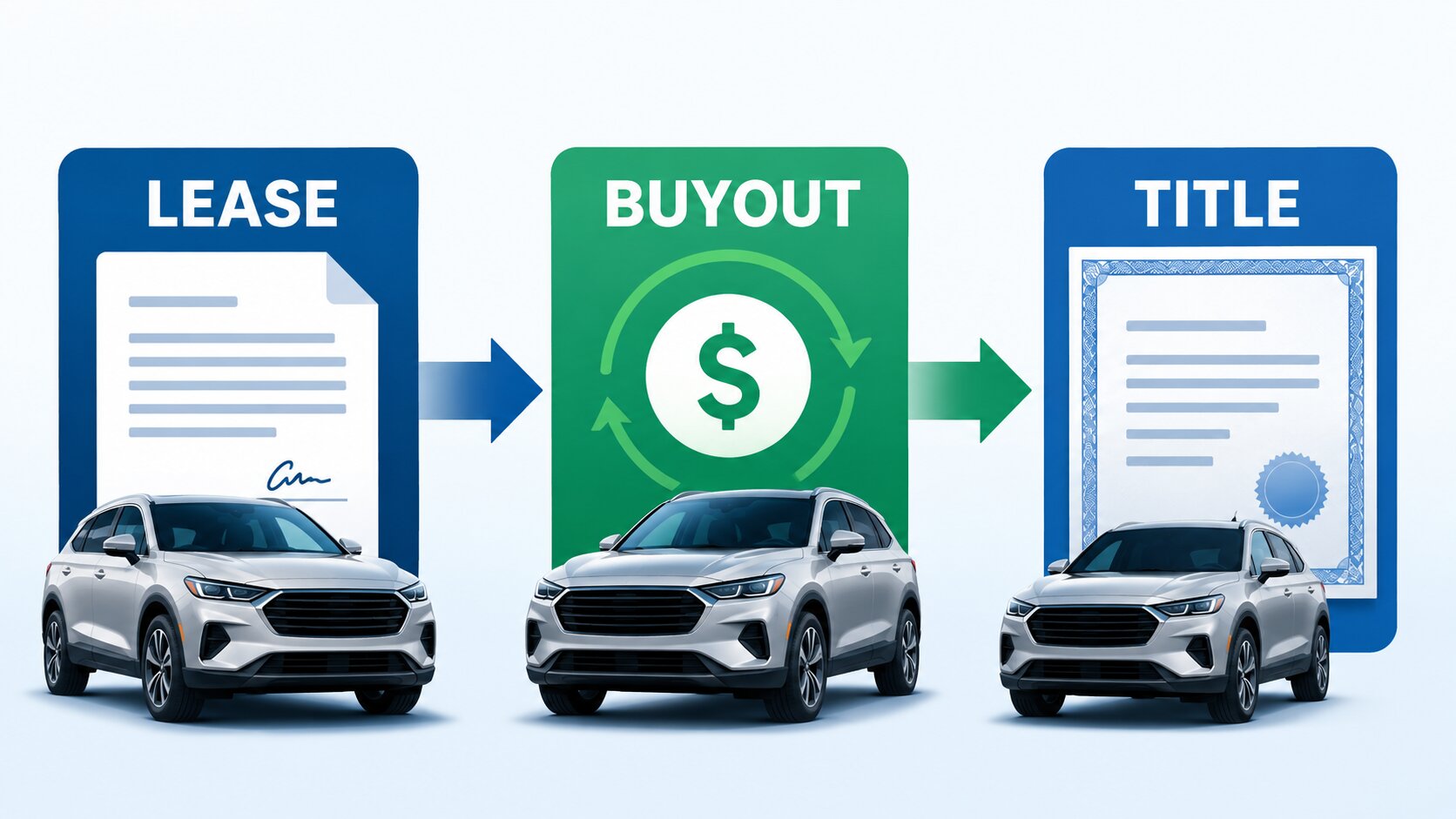 Illustration showing a leased car moving through three stages: lease, buyout and title.