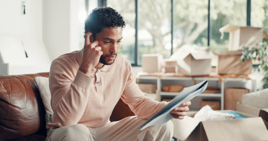 a young man sitting on a sofa and reading an eviction notice