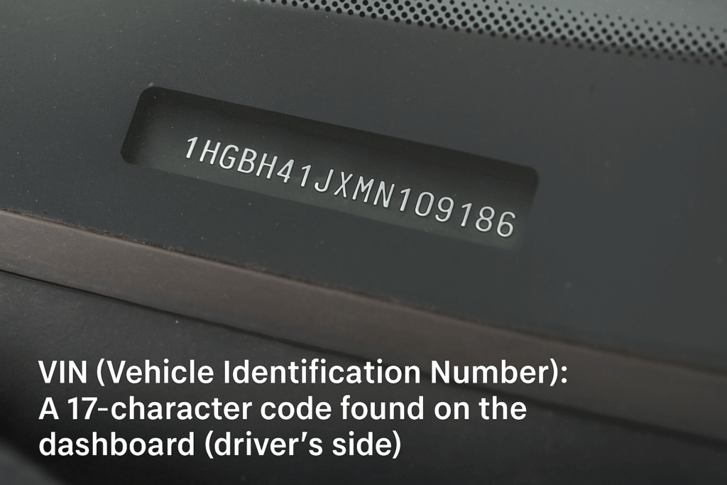 VIN (Vehicle Identification Number) A 17-character code found on the dashboard (driver's side) (1)