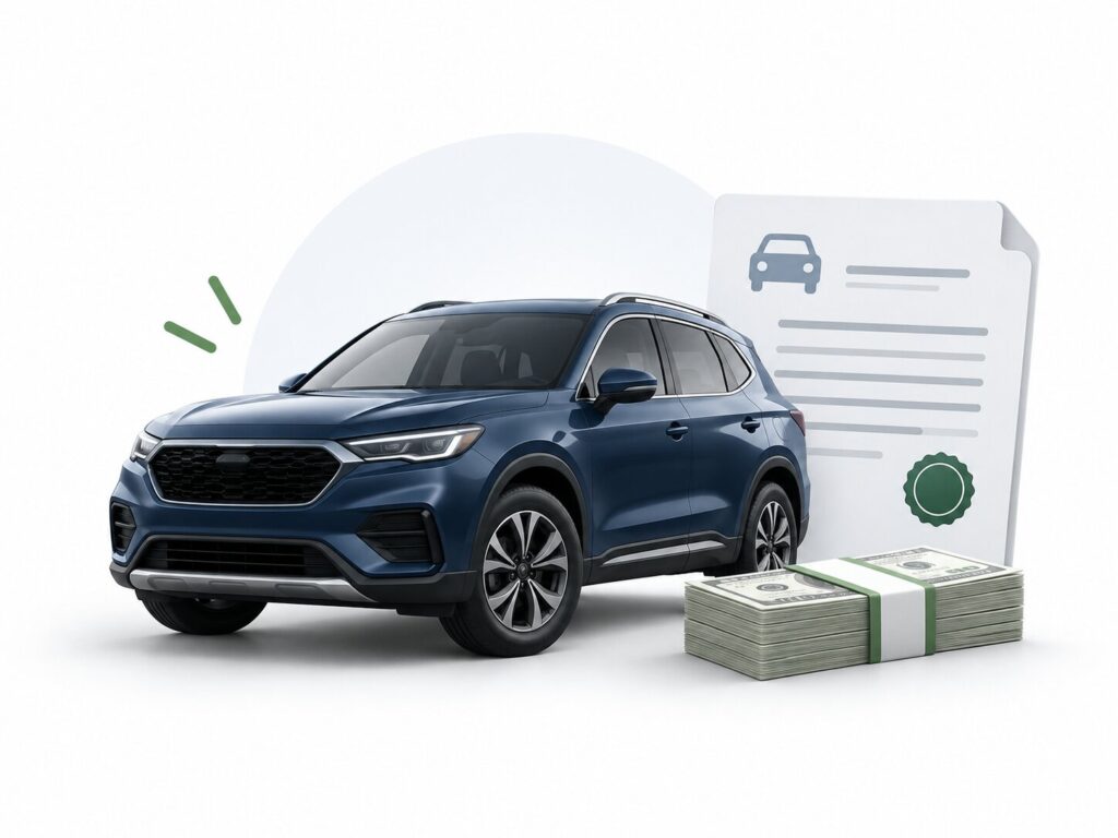 blue car with a title document and cash