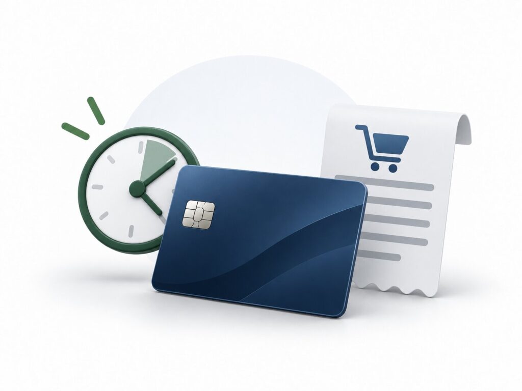 a credit card, shopping receipt, and clock