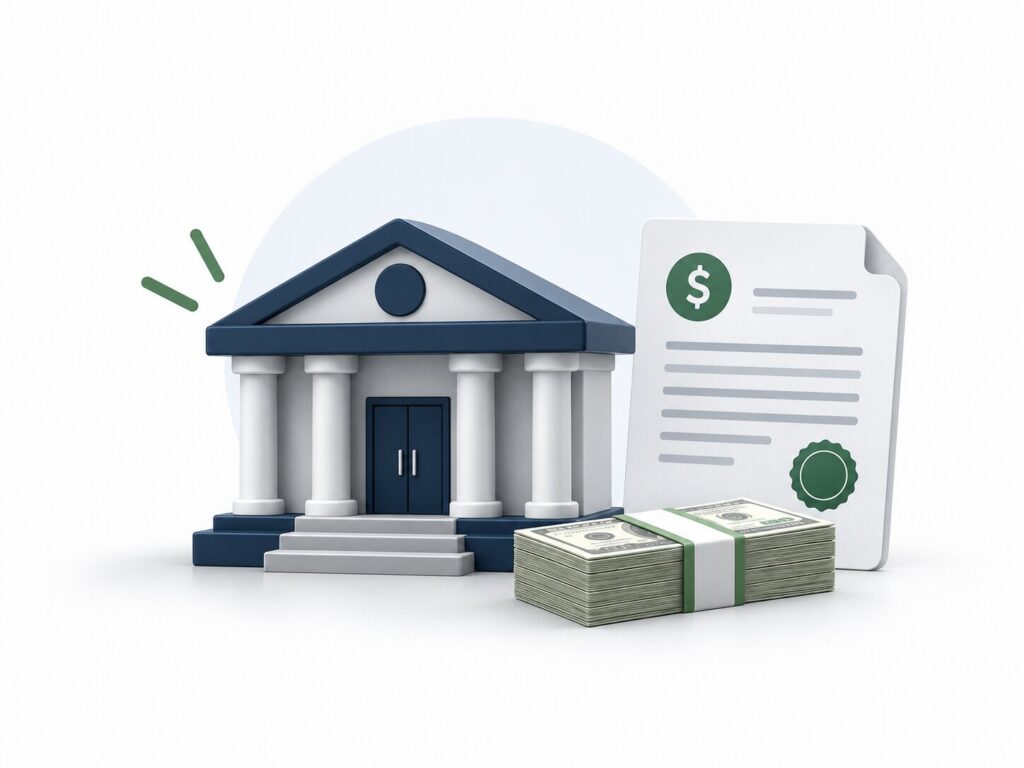 credit union building, loan document, and cash