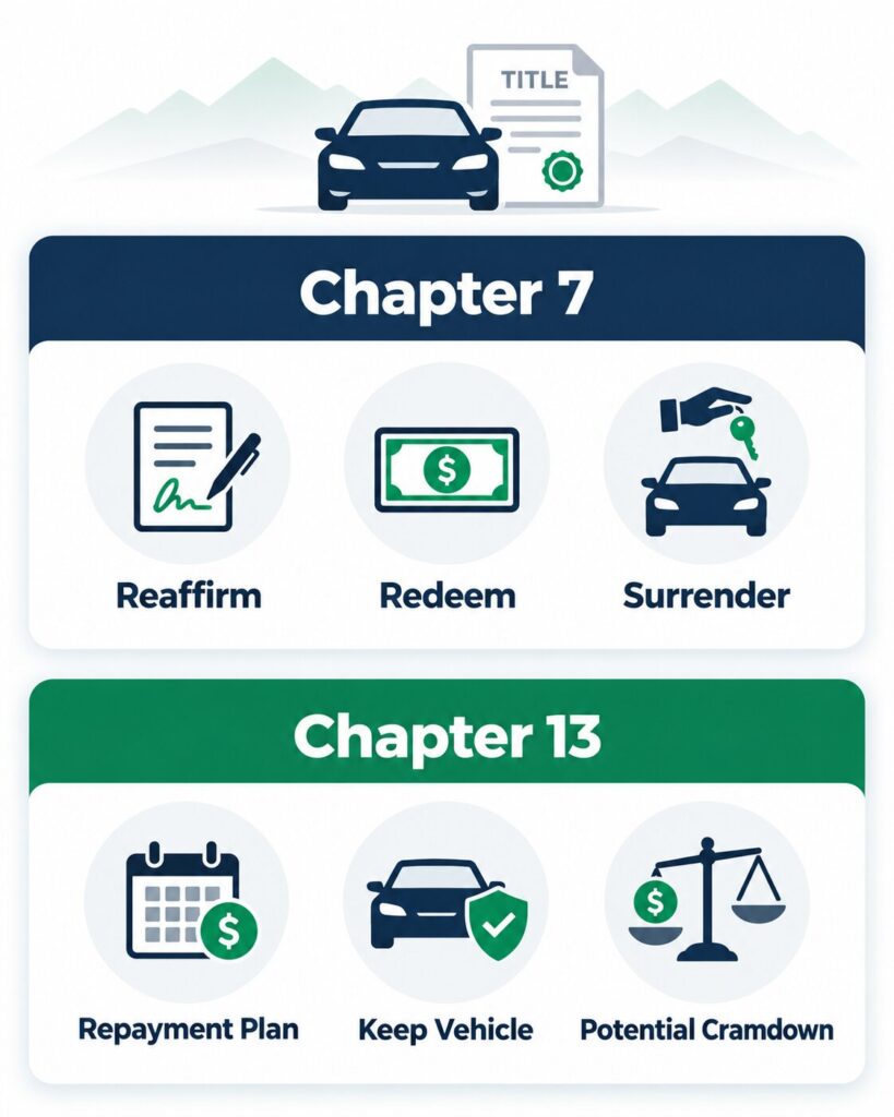 graphic comparing Chapter 7 and Chapter 13 options for a vehicle title loan