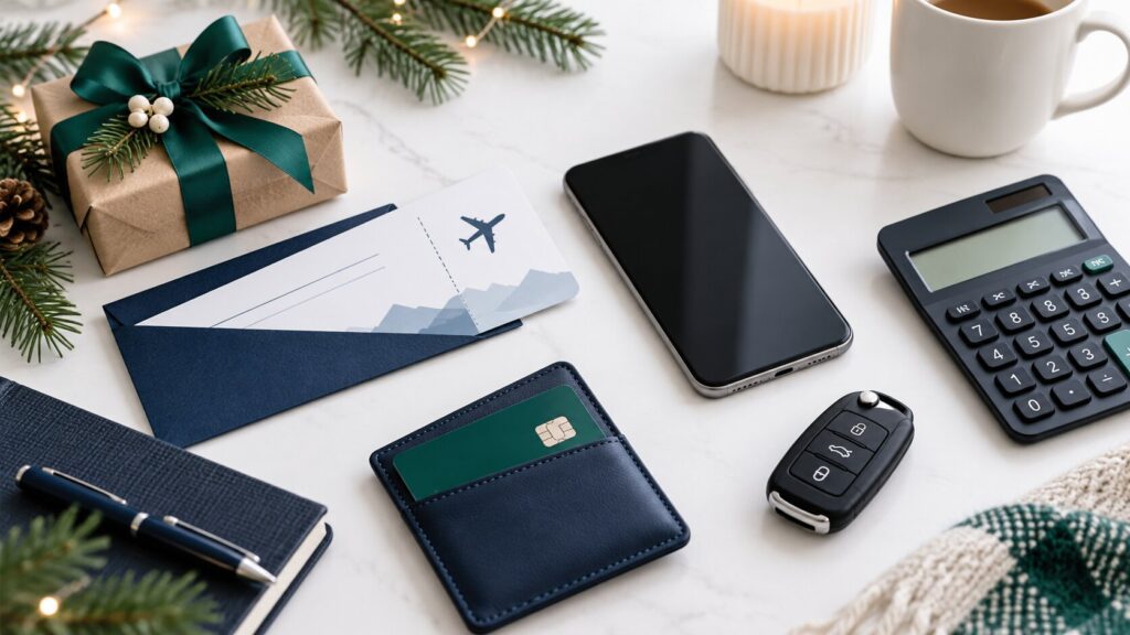 Holiday-themed desktop scene with a wrapped gift, travel envelope, smartphone, calculator, wallet, and car key