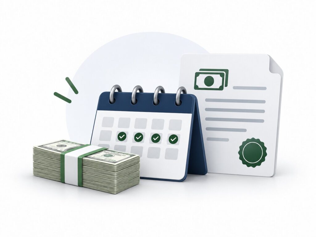 a payment calendar, loan document, and cash