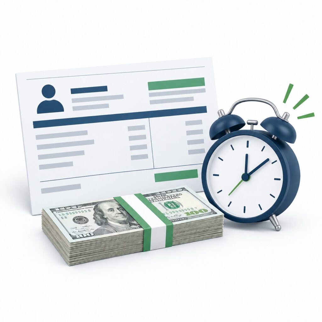 a payslip, stack of cash, and alarm clock