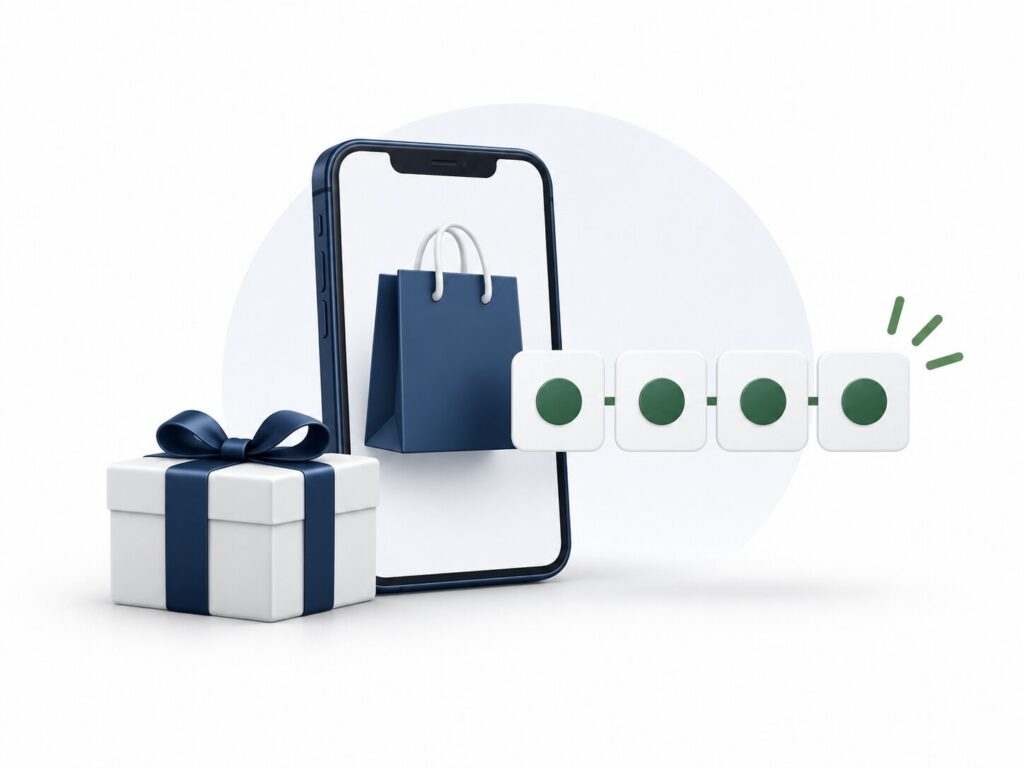 a smartphone, shopping bag, gift box, and four payment markers